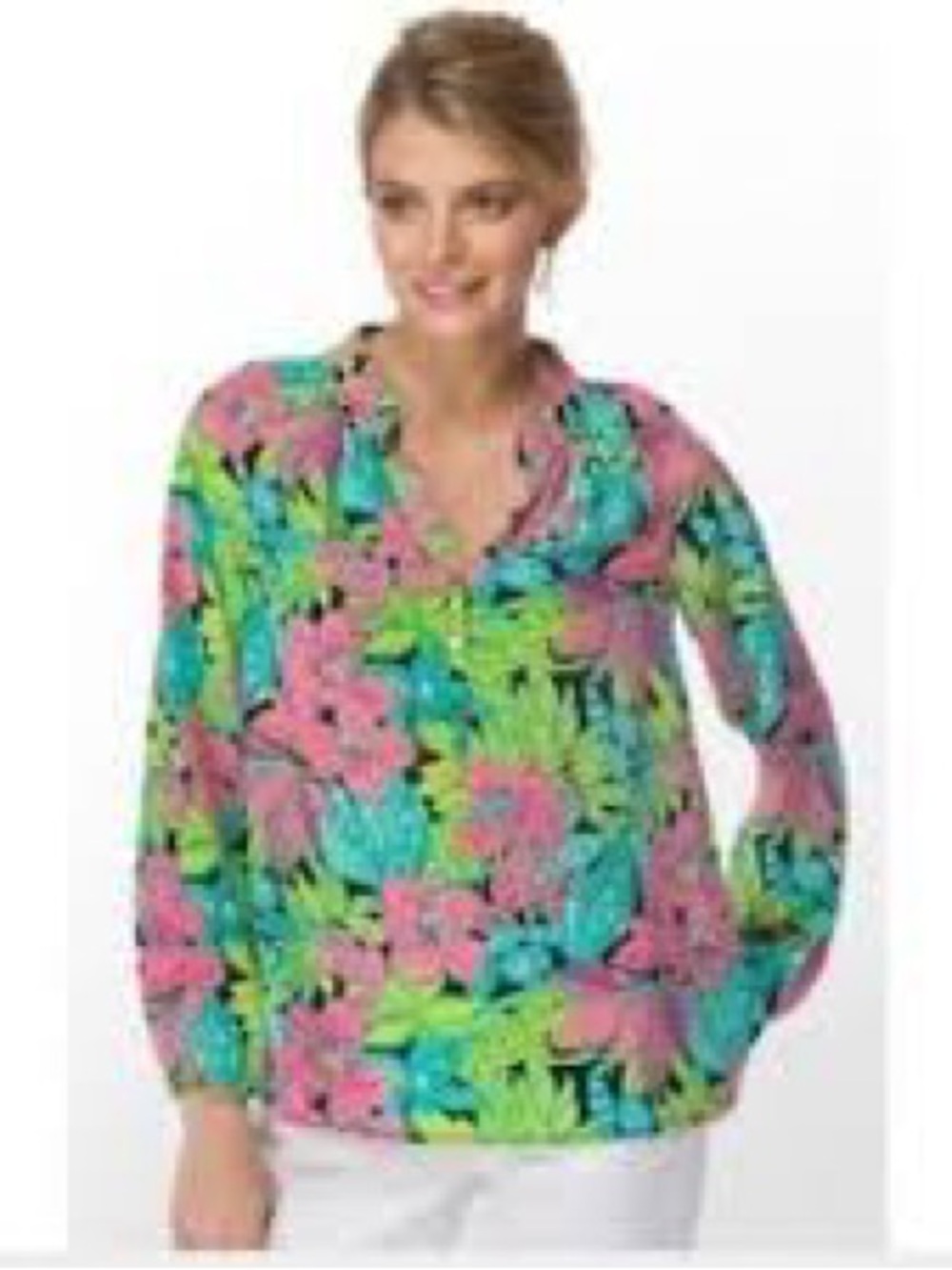 Lilly Pulitzer 100% Silk Multicolor Floral V-Neck Shirt— Pink, Teal & Lime-XS